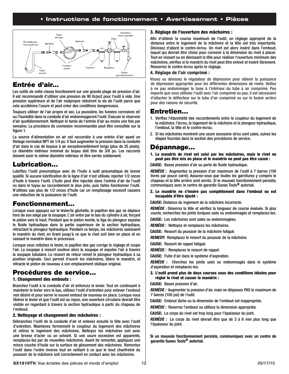 Entretien, Dépannage, Entrée d'air | Lubrication, Fonctionnement, Procédures de service | Sunex Tools SX1819TV User Manual | Page 12 / 13