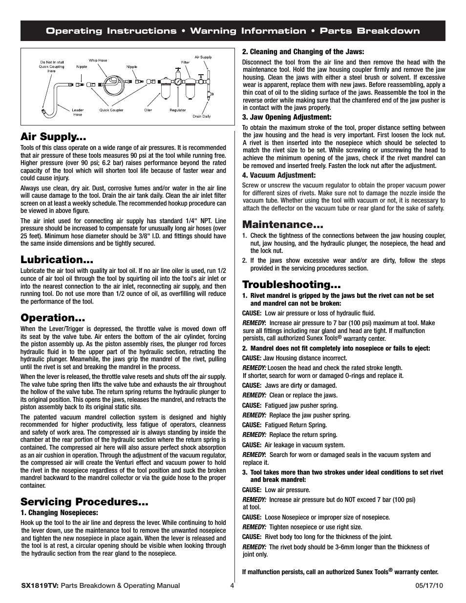 Maintenance, Troubleshooting, Air supply | Lubrication, Operation, Servicing procedures | Sunex Tools SX1819TV User Manual | Page 4 / 13