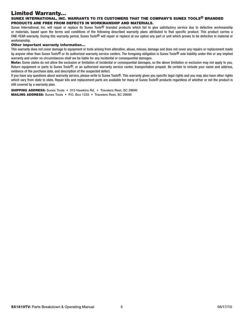 Limited warranty | Sunex Tools SX1819TV User Manual | Page 5 / 13