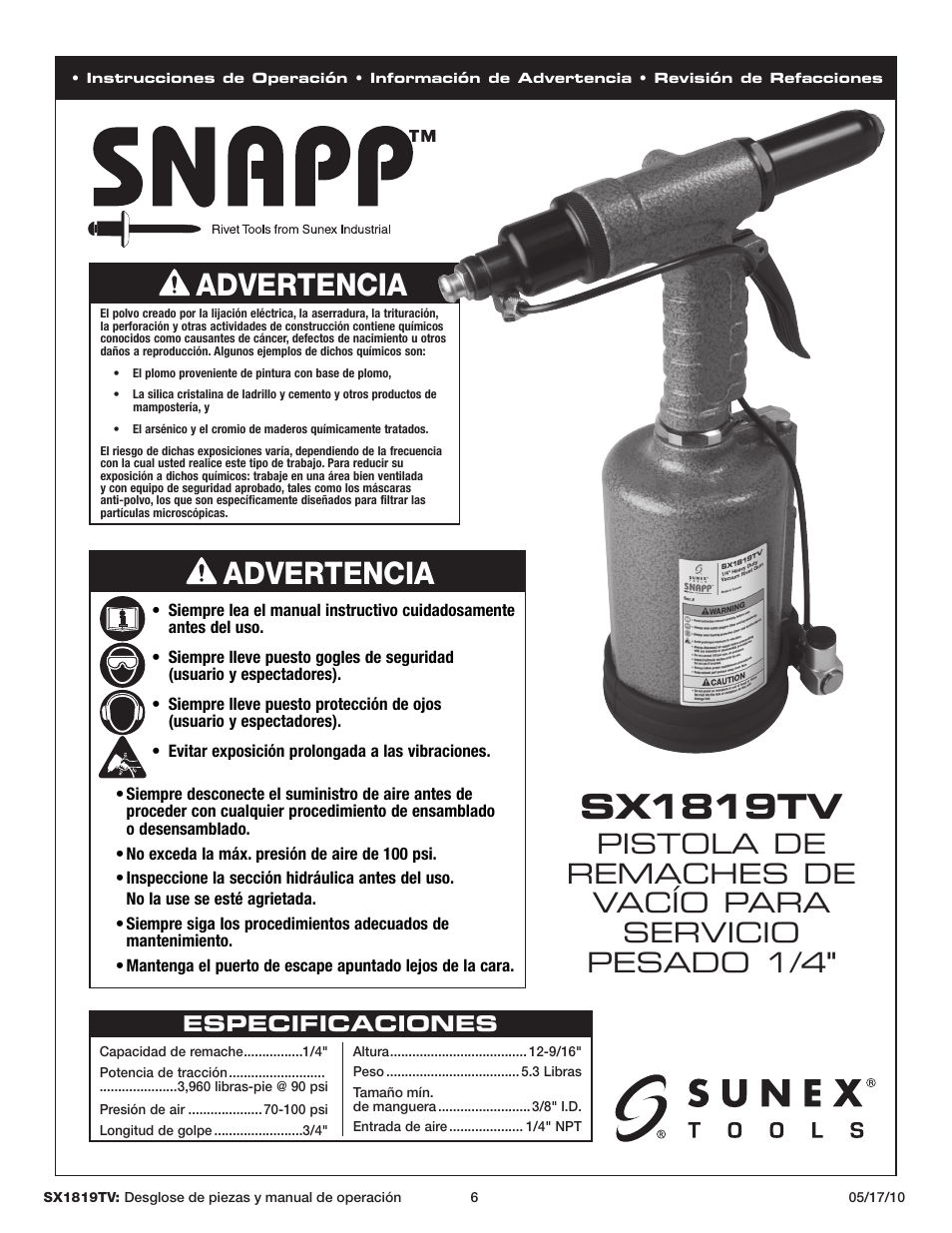 Sx1819tv, Advertencia | Sunex Tools SX1819TV User Manual | Page 6 / 13