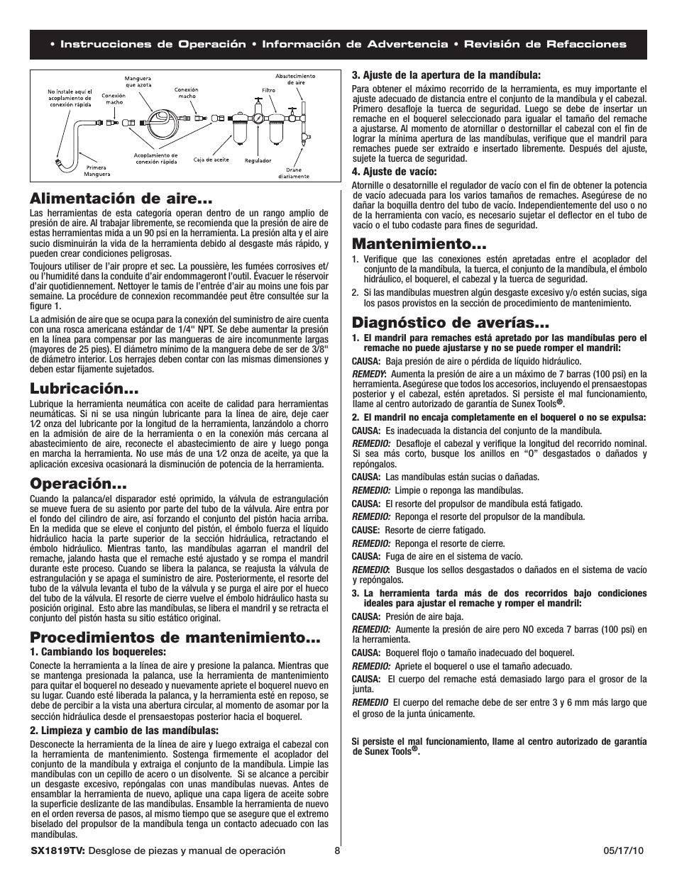 Mantenimiento, Diagnóstico de averías, Alimentación de aire | Lubricación, Operación, Procedimientos de mantenimiento | Sunex Tools SX1819TV User Manual | Page 8 / 13