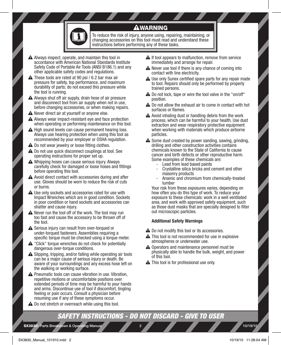 Warning | Sunex Tools SX3830 User Manual | Page 2 / 11