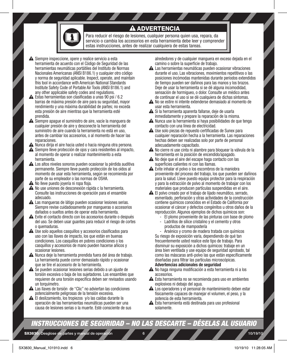 Advertencia | Sunex Tools SX3830 User Manual | Page 6 / 11