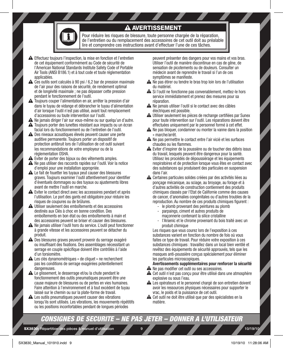 Avertissement | Sunex Tools SX3830 User Manual | Page 9 / 11