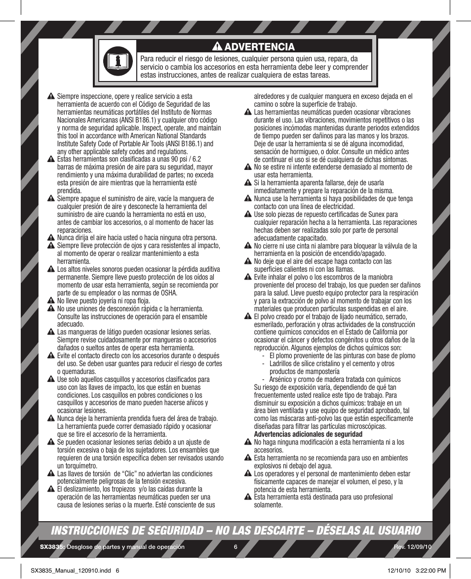 Advertencia | Sunex Tools SX3835 User Manual | Page 6 / 11