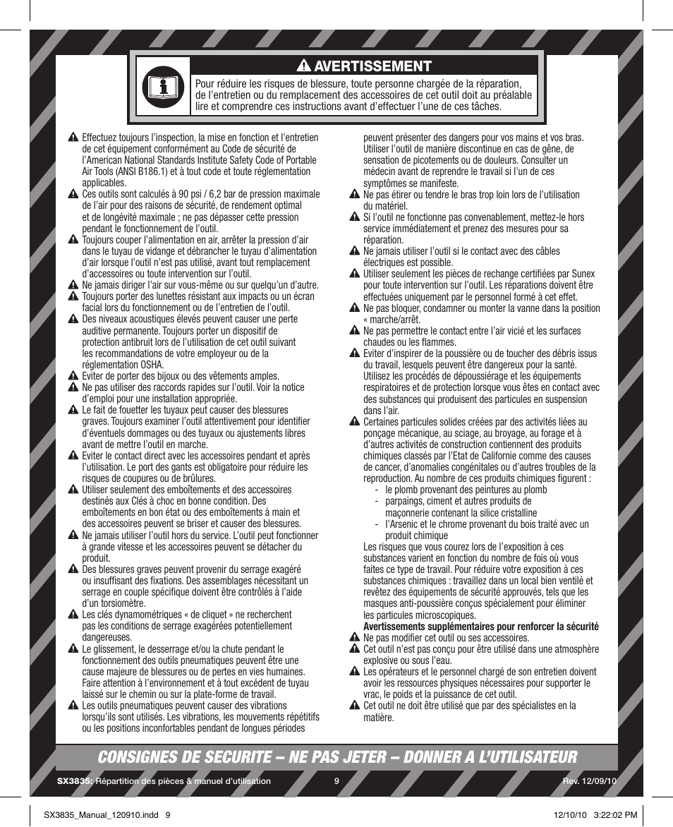 Avertissement | Sunex Tools SX3835 User Manual | Page 9 / 11