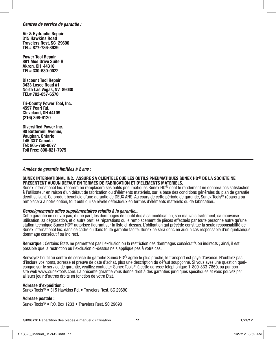 Sunex Tools SX3820 User Manual | Page 11 / 11