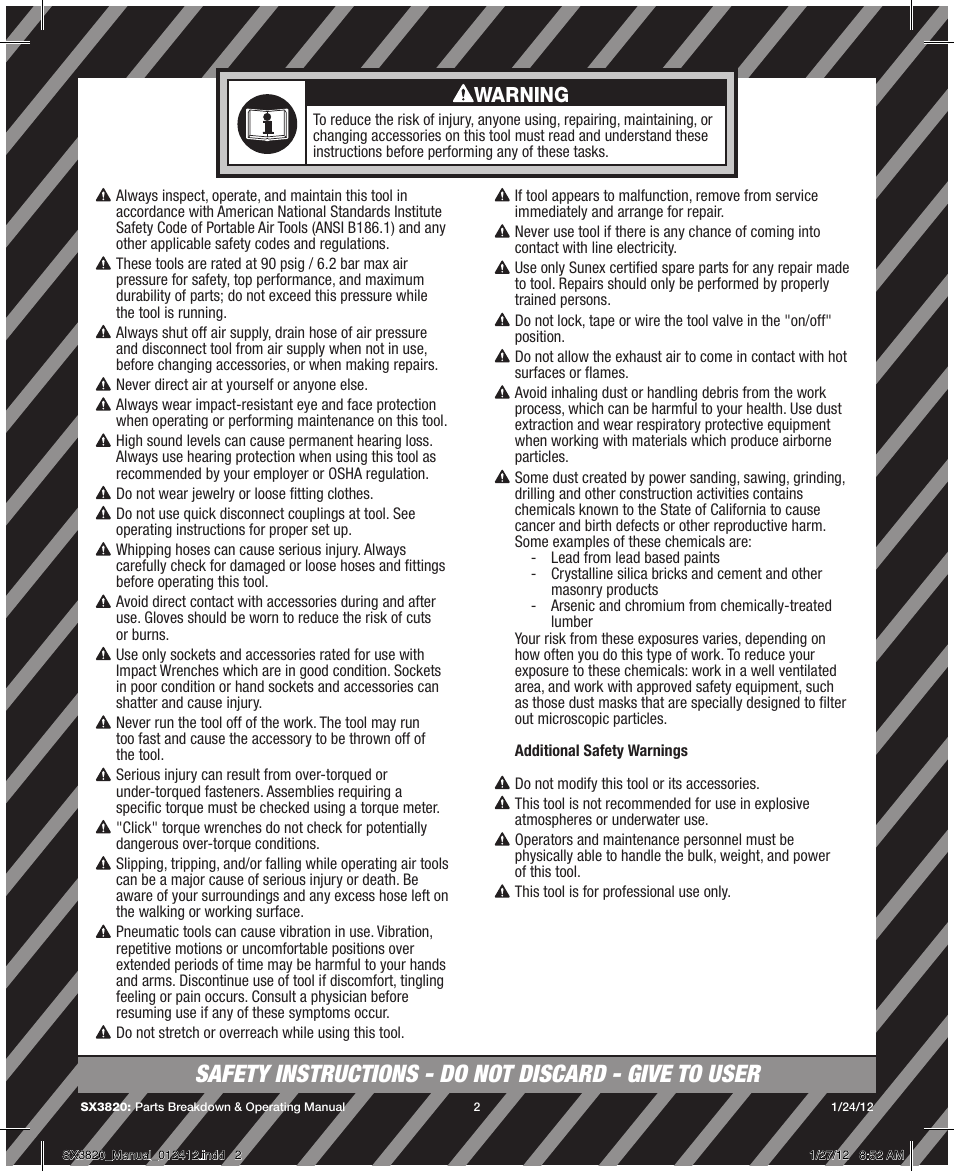 Warning | Sunex Tools SX3820 User Manual | Page 2 / 11
