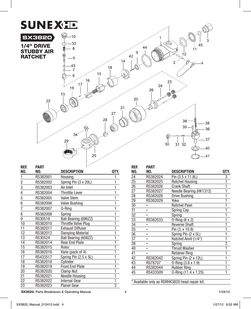 1/4" drive stubby air ratchet | Sunex Tools SX3820 User Manual | Page 4 / 11