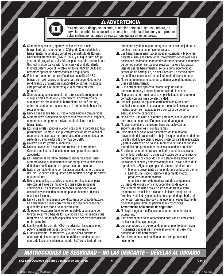 Advertencia | Sunex Tools SX3820 User Manual | Page 6 / 11