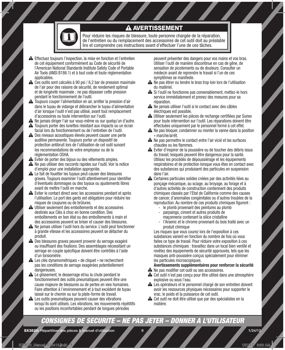 Avertissement | Sunex Tools SX3820 User Manual | Page 9 / 11