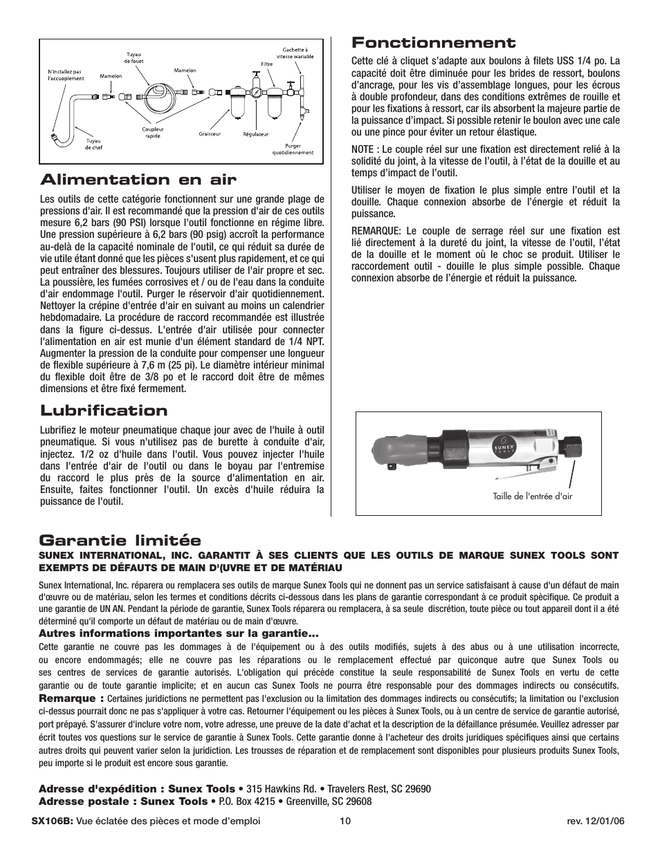 Alimentation en air, Lubrification, Garantie limitée | Fonctionnement | Sunex Tools SX106B User Manual | Page 10 / 10