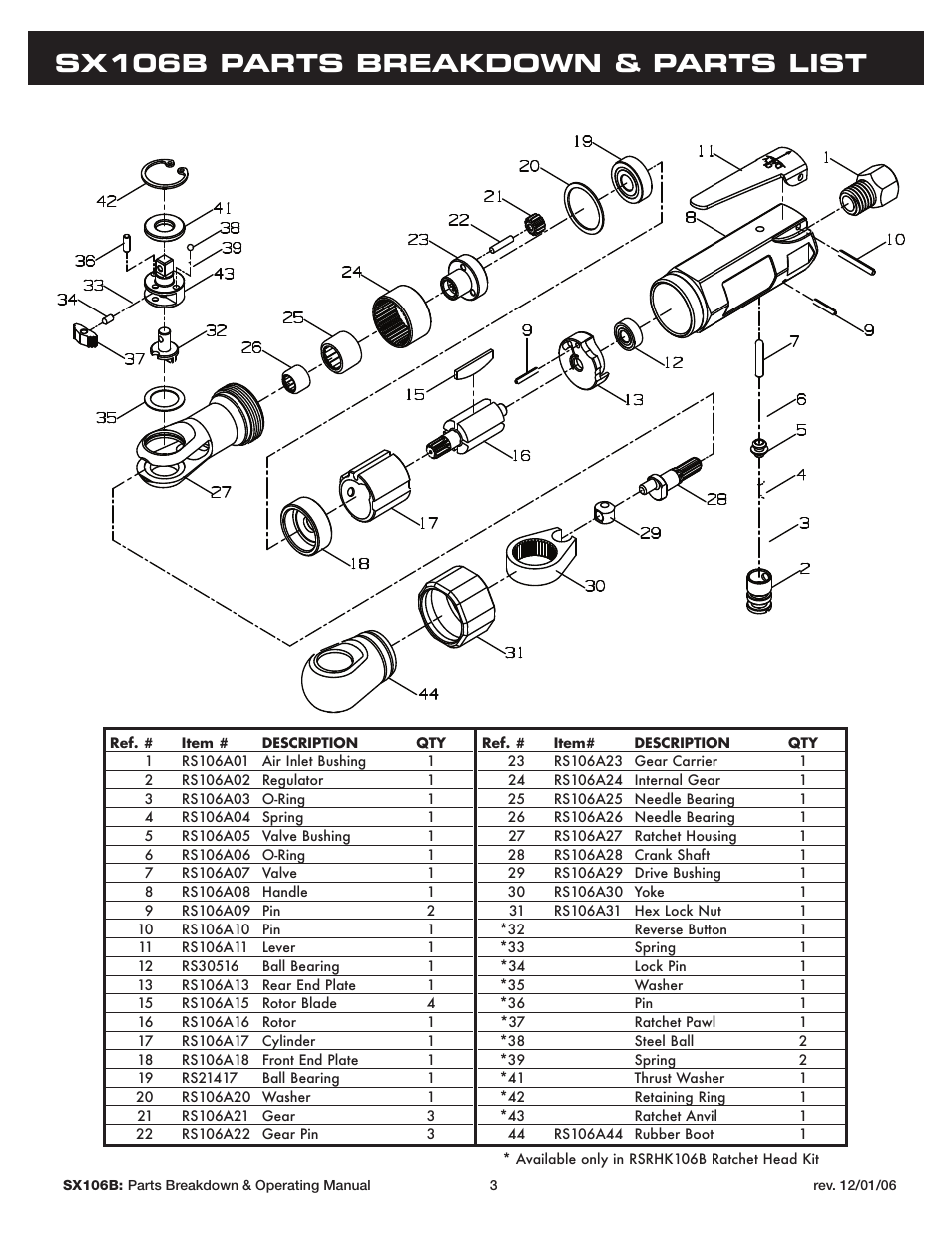 Sx106b parts breakdown & parts list | Sunex Tools SX106B User Manual | Page 3 / 10