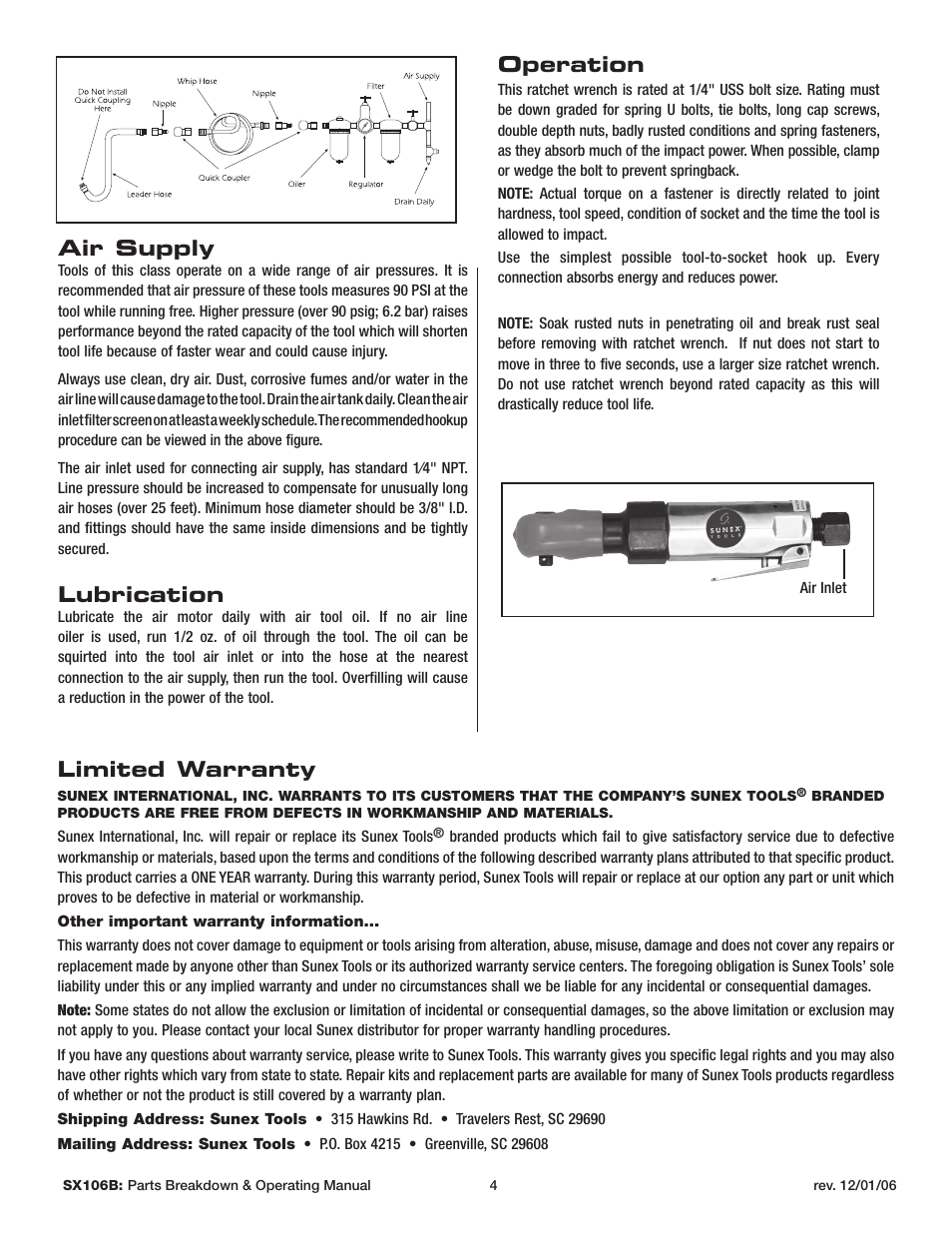 Air supply, Lubrication, Limited warranty | Operation | Sunex Tools SX106B User Manual | Page 4 / 10