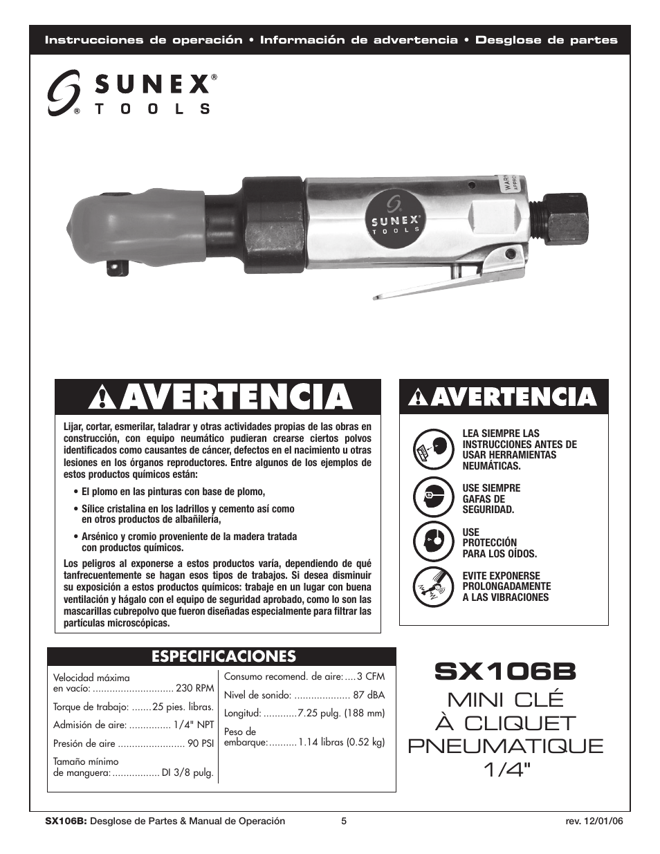 Sx106b, Mini clй а cliquet pneumatique 1/4, Especificaciones | Sunex Tools SX106B User Manual | Page 5 / 10