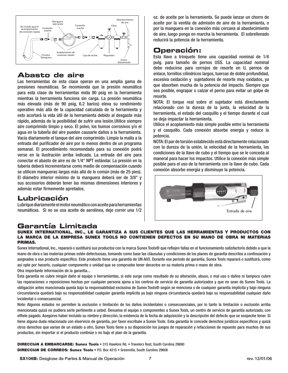 Operación, Abasto de aire, Lubricación | Garantía limitada | Sunex Tools SX106B User Manual | Page 7 / 10