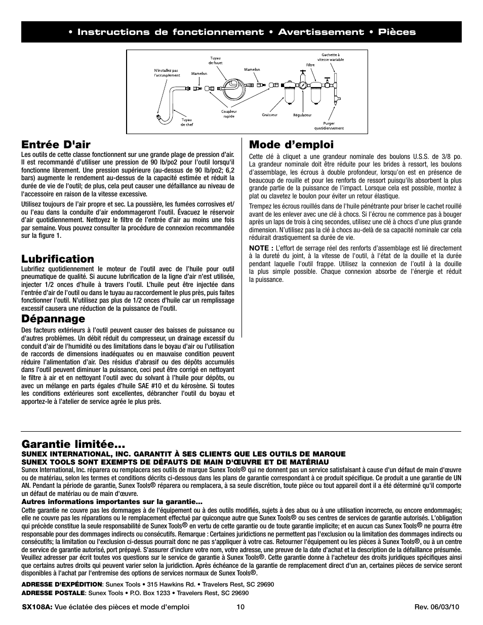 Entrée d'air, Lubrification, Dépannage | Mode d’emploi, Garantie limitée | Sunex Tools SX108A User Manual | Page 10 / 10