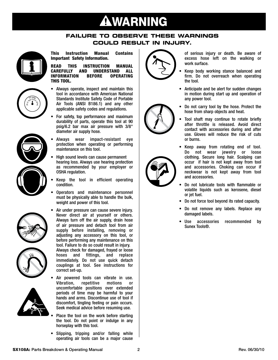 Warning | Sunex Tools SX108A User Manual | Page 2 / 10