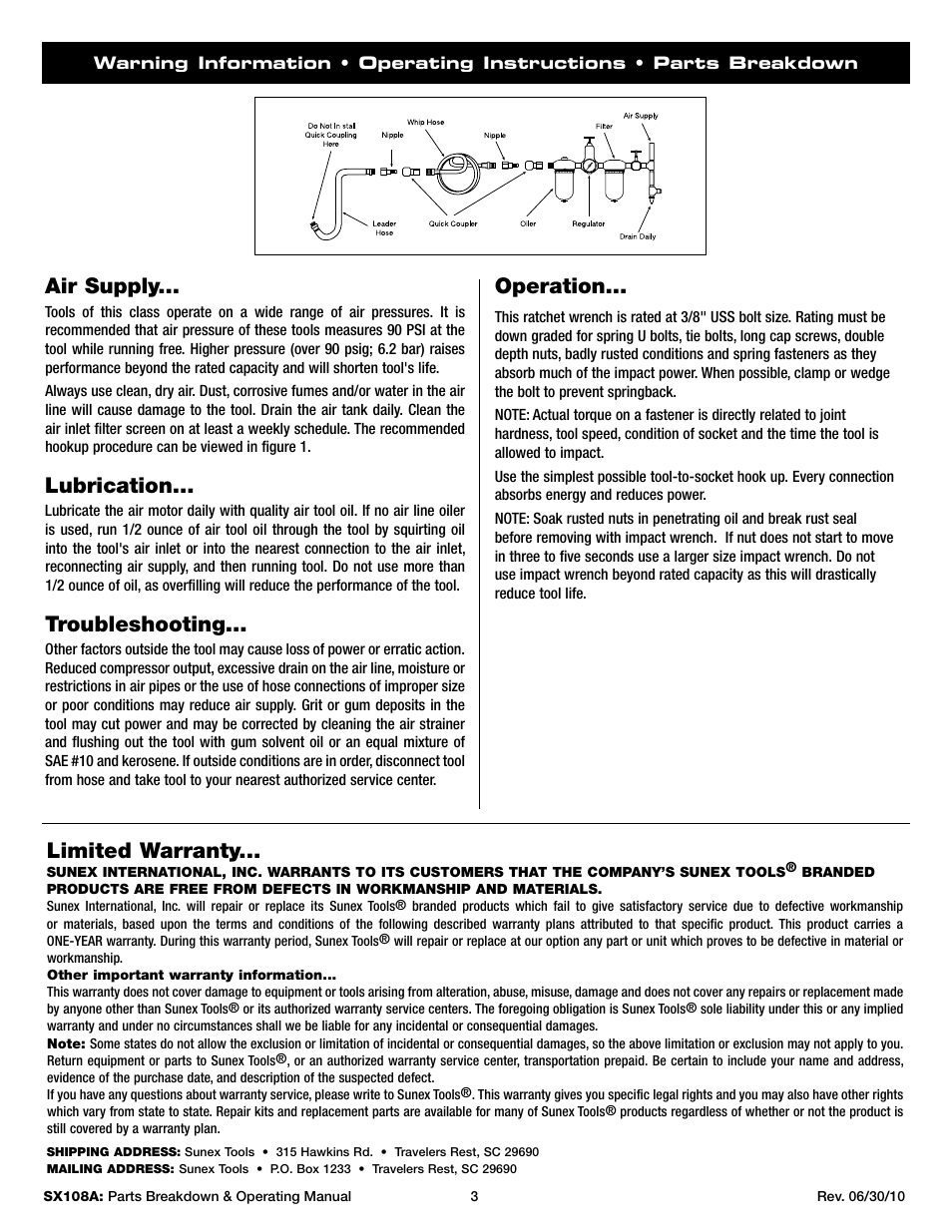 Operation, Air supply, Lubrication | Troubleshooting, Limited warranty | Sunex Tools SX108A User Manual | Page 3 / 10