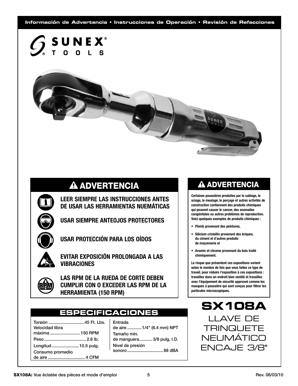 Sx108a, Advertencia, Llave de trinquete neumático encaje 3/8 | Sunex Tools SX108A User Manual | Page 5 / 10