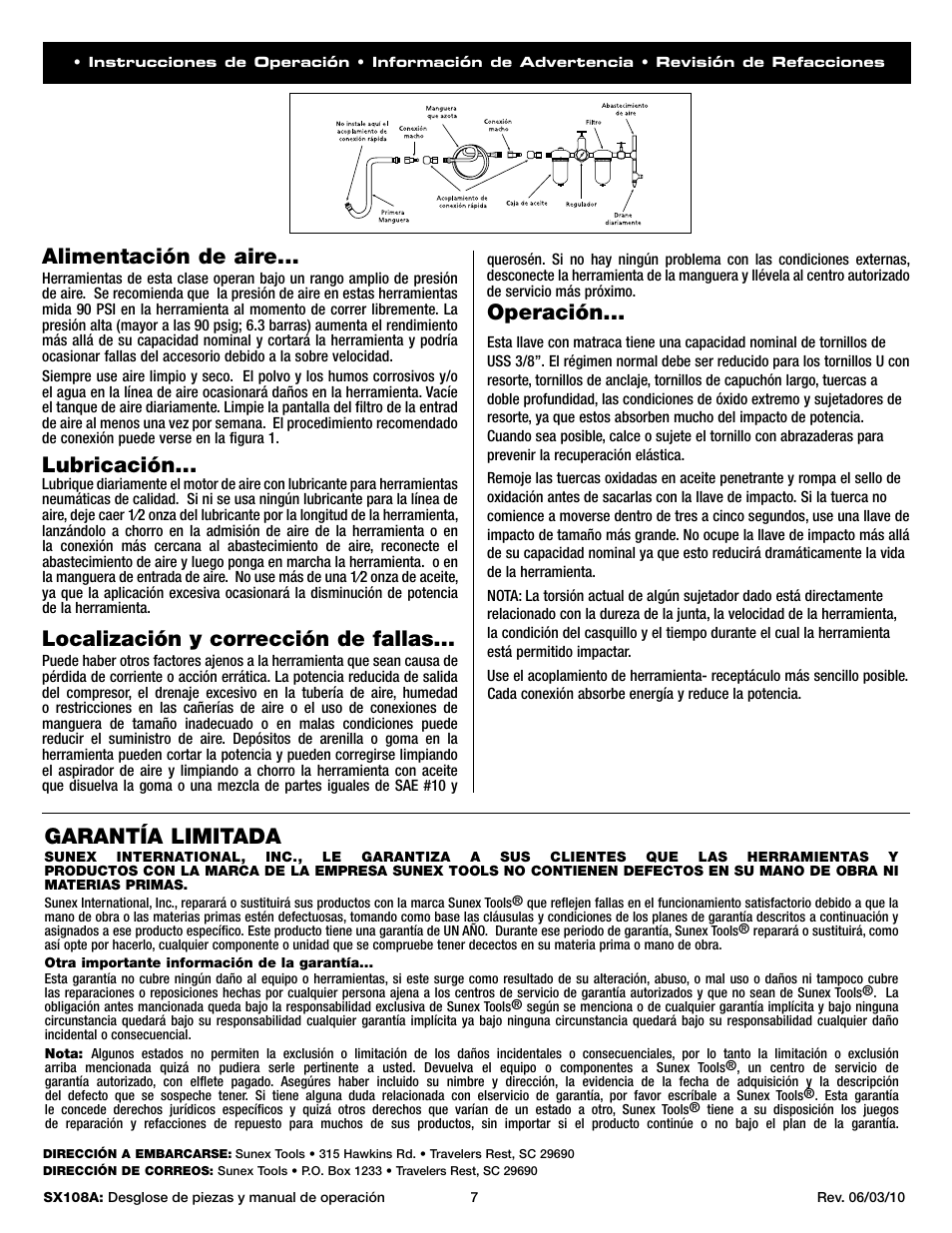 Alimentación de aire, Lubricación, Localización y corrección de fallas | Operación, Garantía limitada | Sunex Tools SX108A User Manual | Page 7 / 10