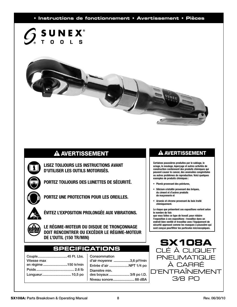 Sx108a, Specifications, Avertissement | Sunex Tools SX108A User Manual | Page 8 / 10