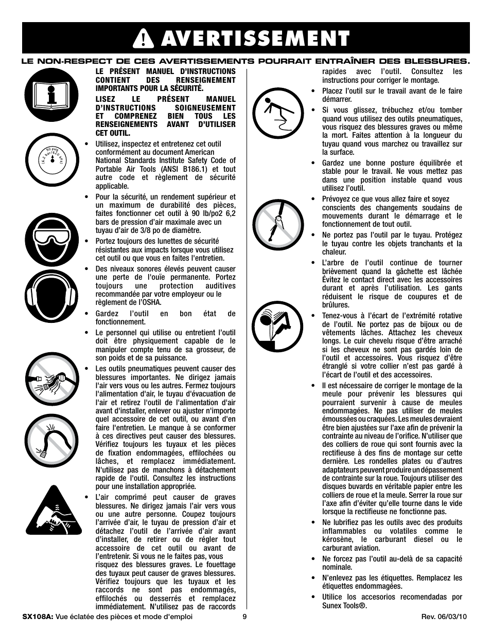 Warning, Avertissement | Sunex Tools SX108A User Manual | Page 9 / 10