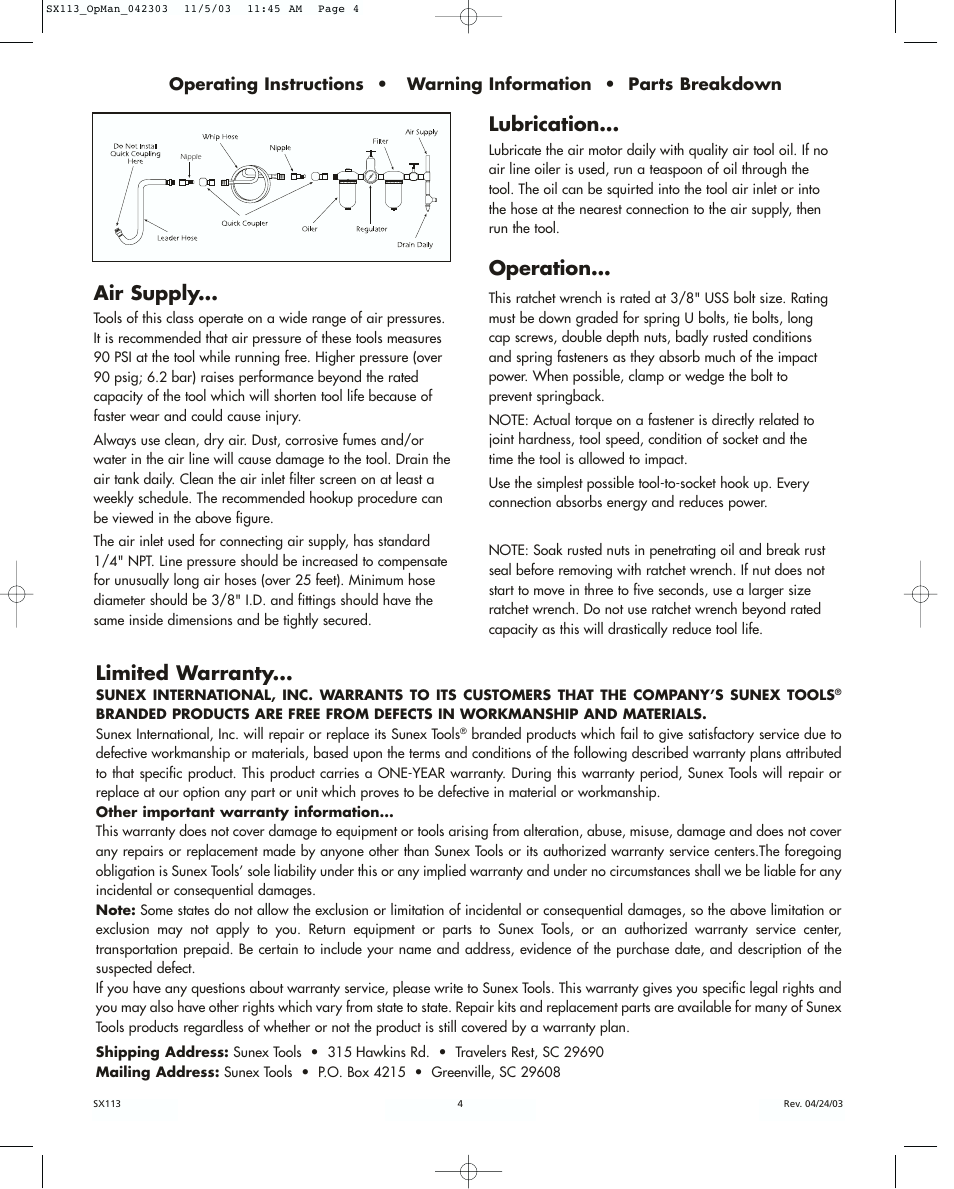 Lubrication, Operation, Air supply | Limited warranty | Sunex Tools SX113 User Manual | Page 4 / 4