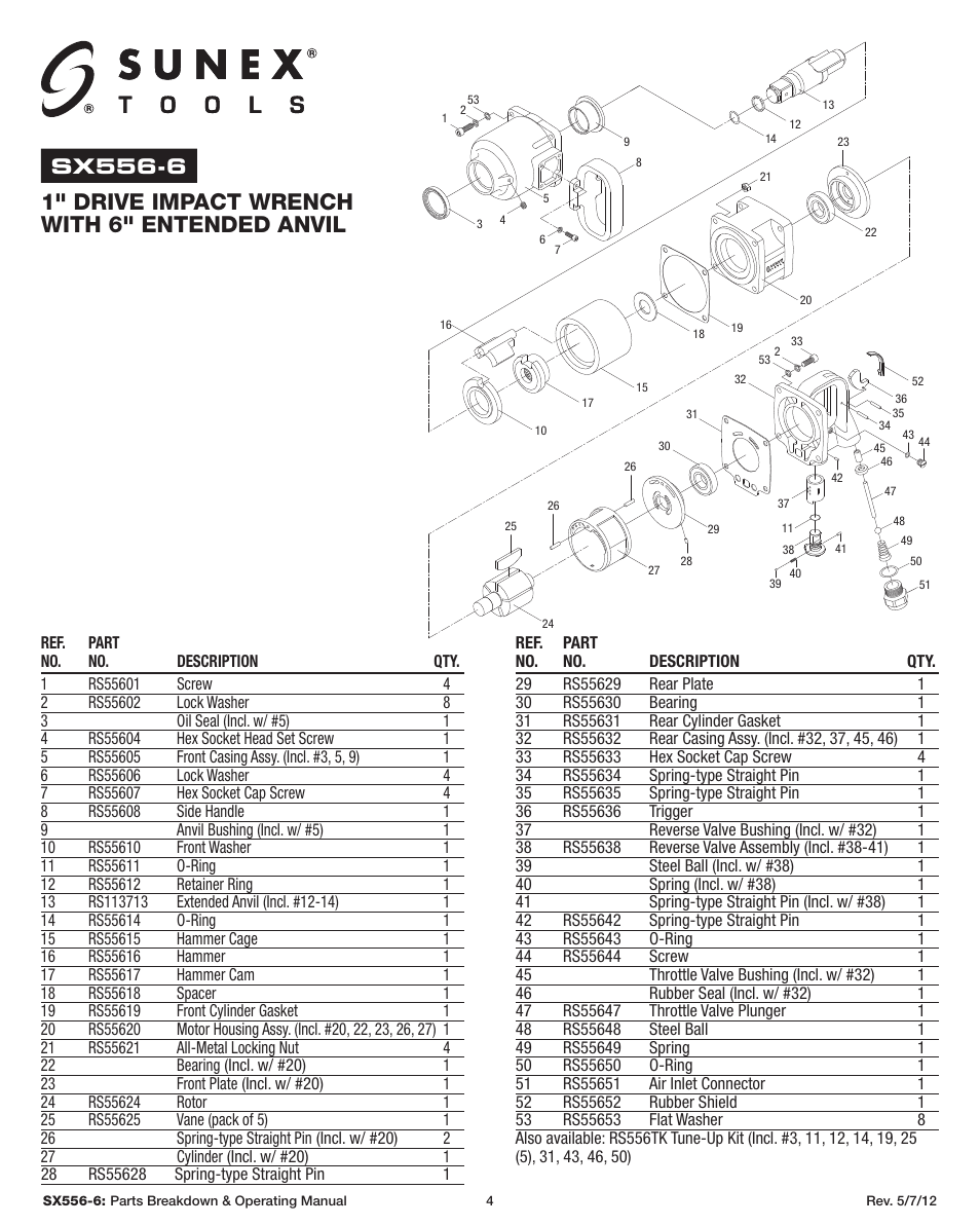 1" drive impact wrench with 6" entended anvil, Sx556-6 | Sunex Tools SX556-6 User Manual | Page 4 / 11