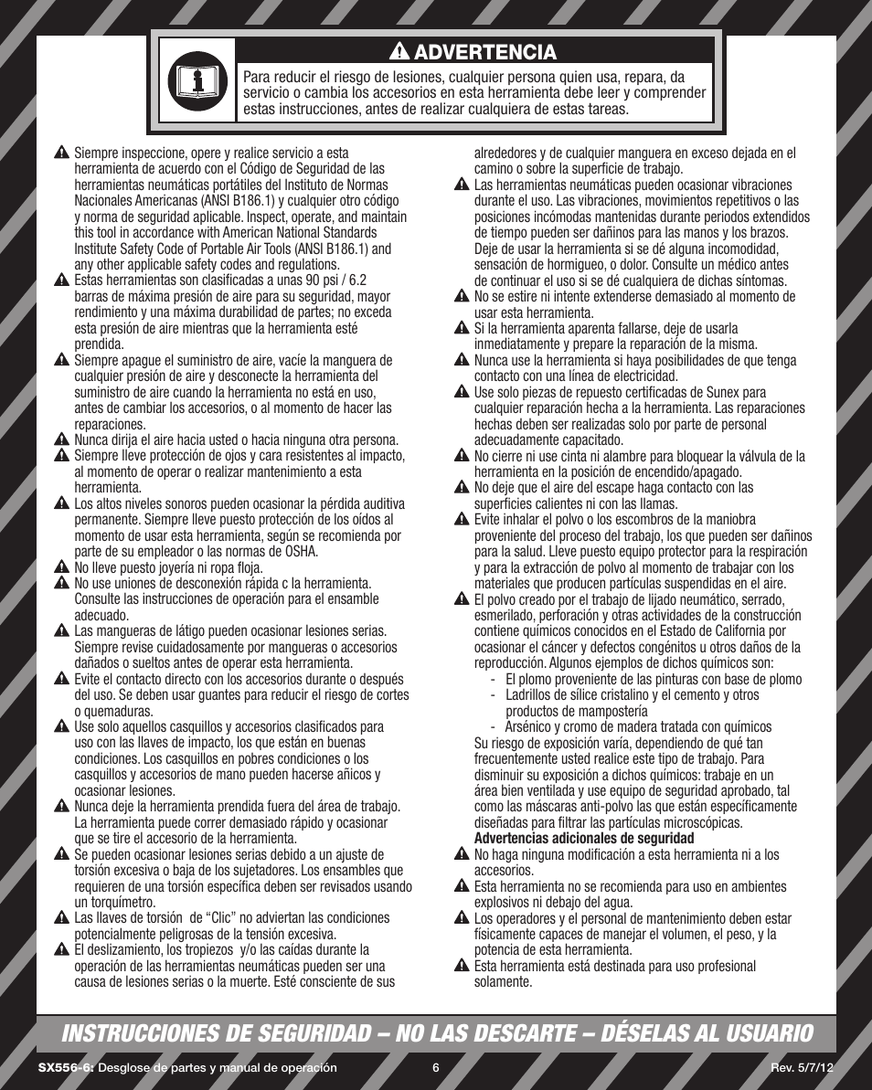Advertencia | Sunex Tools SX556-6 User Manual | Page 6 / 11