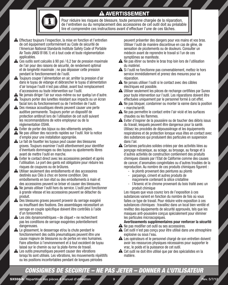 Avertissement | Sunex Tools SX556-6 User Manual | Page 9 / 11