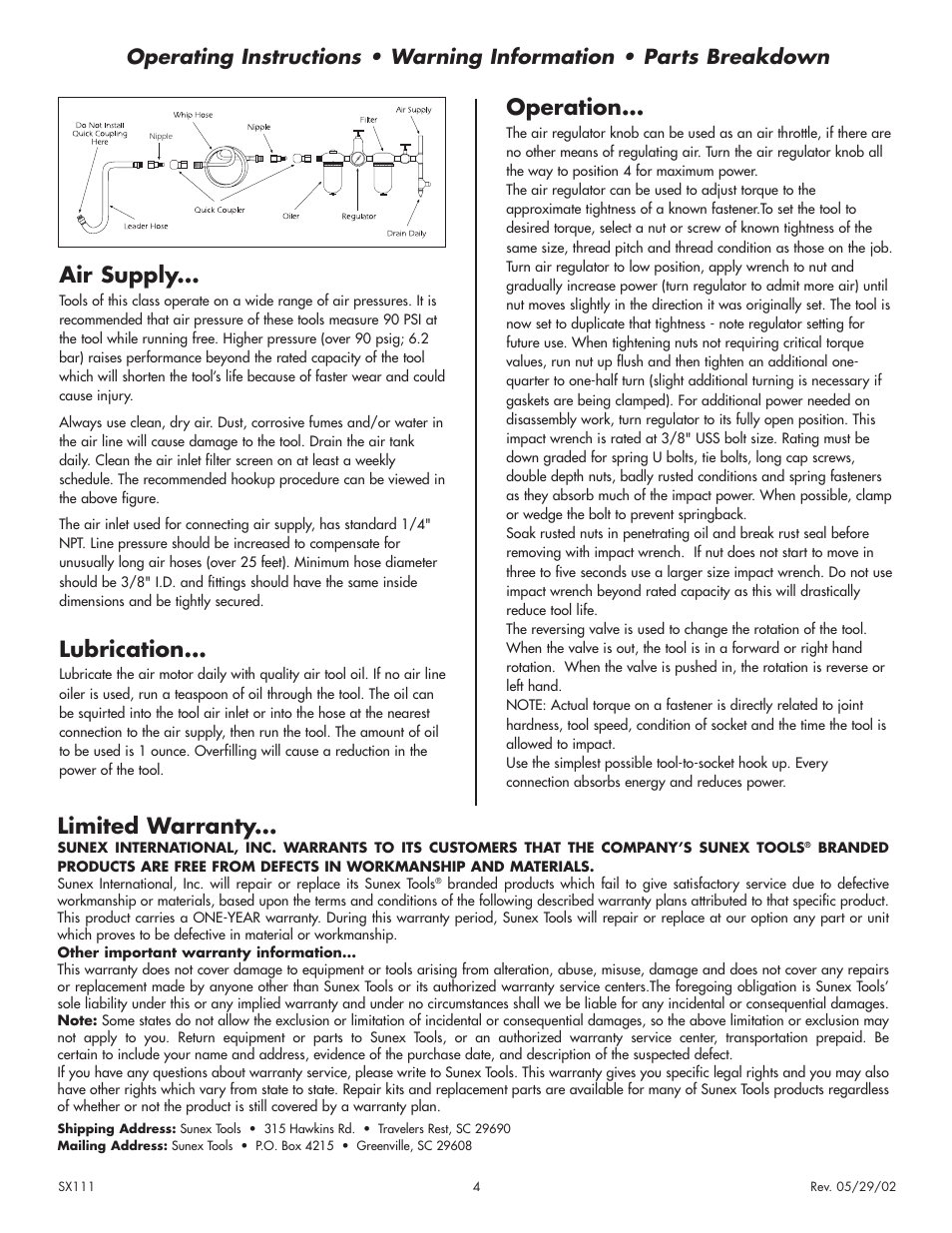 Air supply, Lubrication, Operation | Limited warranty | Sunex Tools SX111 User Manual | Page 4 / 4