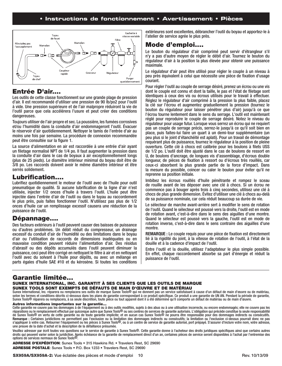 Entrée d'air, Lubrification, Dépannage | Mode d’emploi, Garantie limitée | Sunex Tools SX959A-2 User Manual | Page 10 / 10