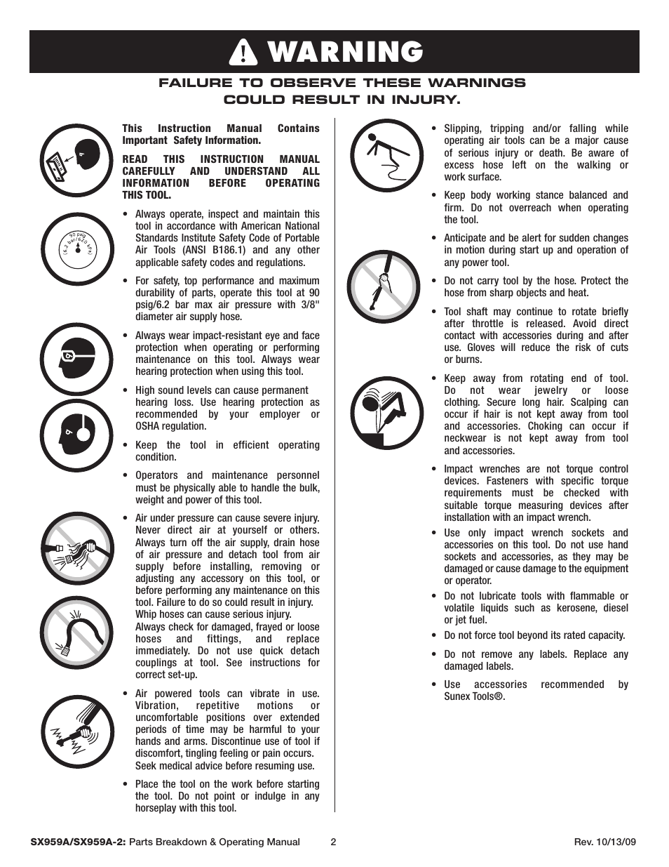 Warning, Avertissement | Sunex Tools SX959A-2 User Manual | Page 2 / 10