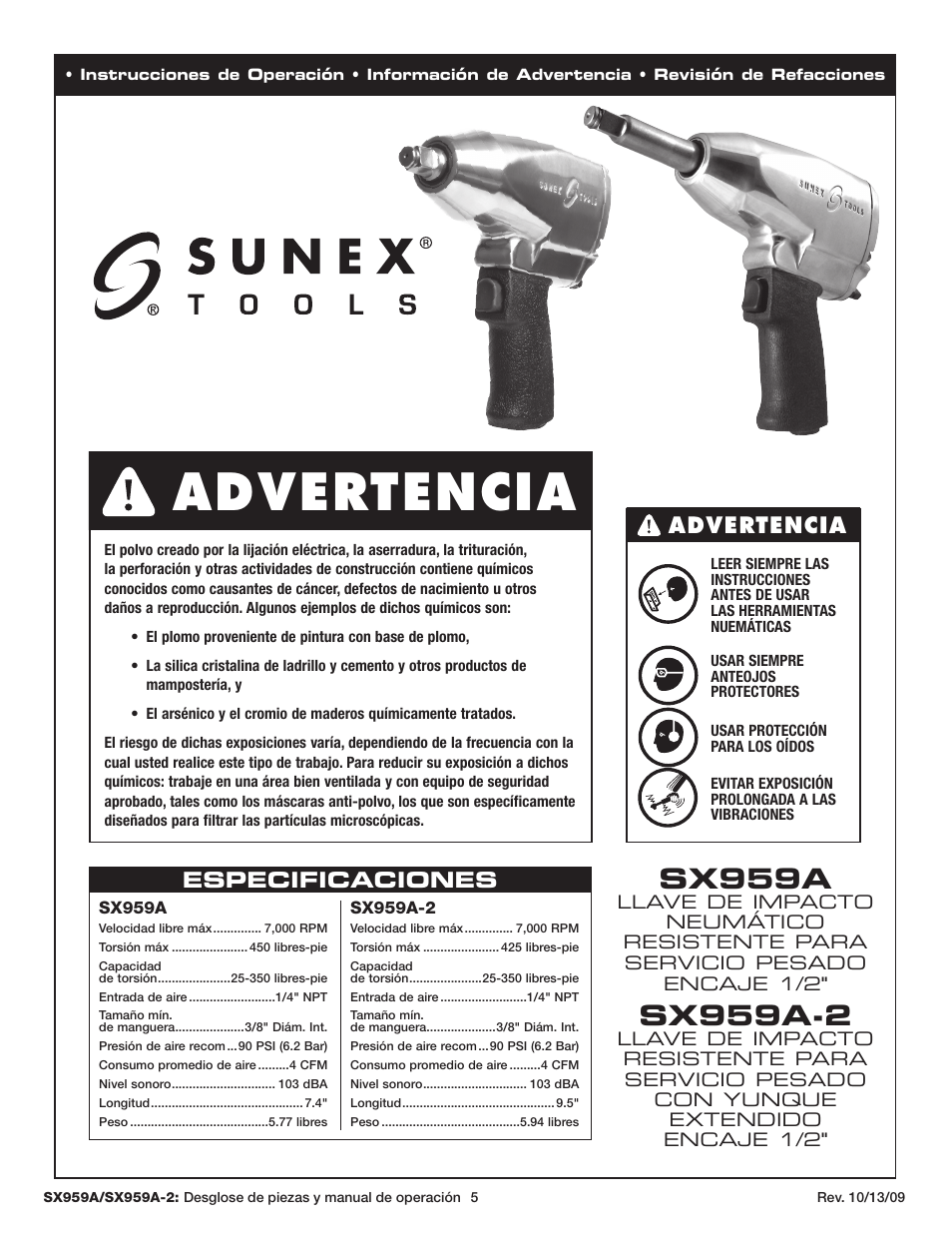 Avertissement, Sx959a, Sx959a-2 | Sunex Tools SX959A-2 User Manual | Page 5 / 10