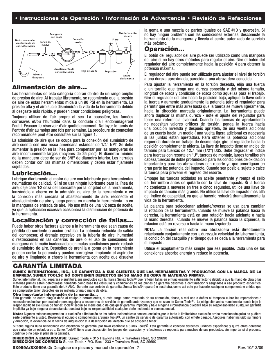 Alimentación de aire, Lubricación, Localización y corrección de fallas | Operación, Garantía limitada | Sunex Tools SX959A-2 User Manual | Page 7 / 10