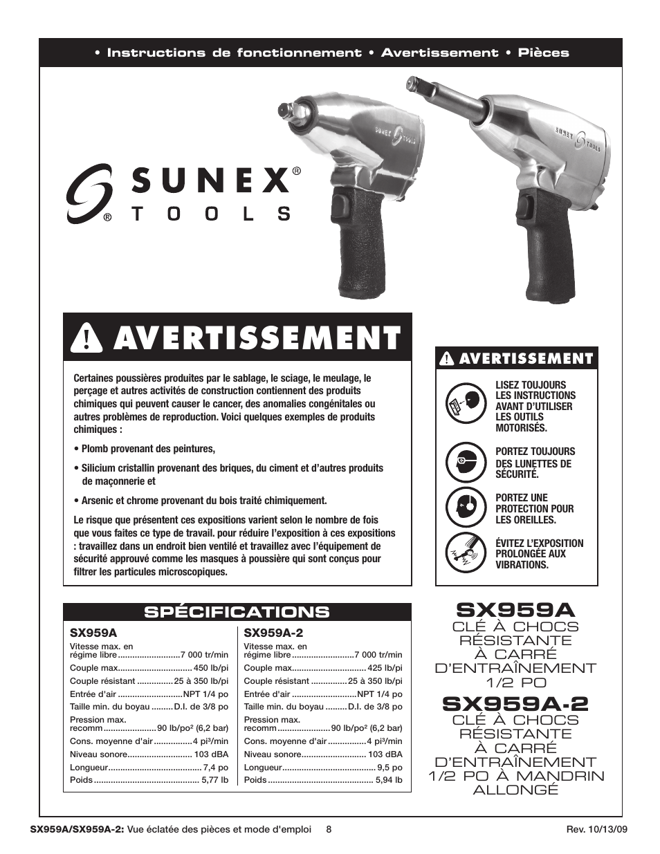 Avertissement, Sx959a, Sx959a-2 | Sunex Tools SX959A-2 User Manual | Page 8 / 10