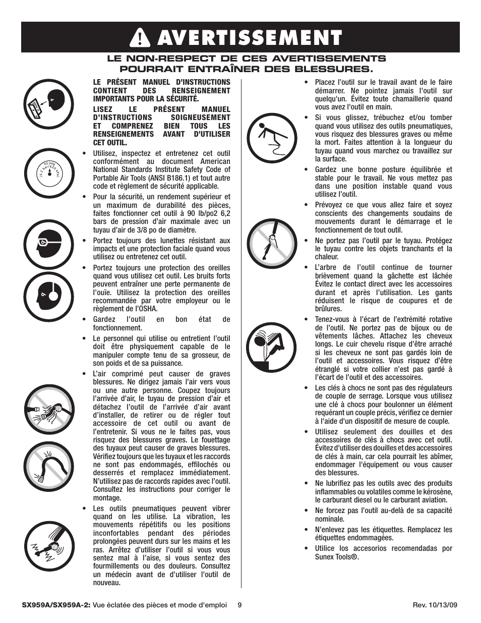 Avertissement | Sunex Tools SX959A-2 User Manual | Page 9 / 10