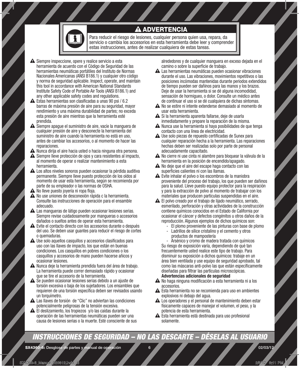 Advertencia | Sunex Tools SX4360-6 User Manual | Page 6 / 11