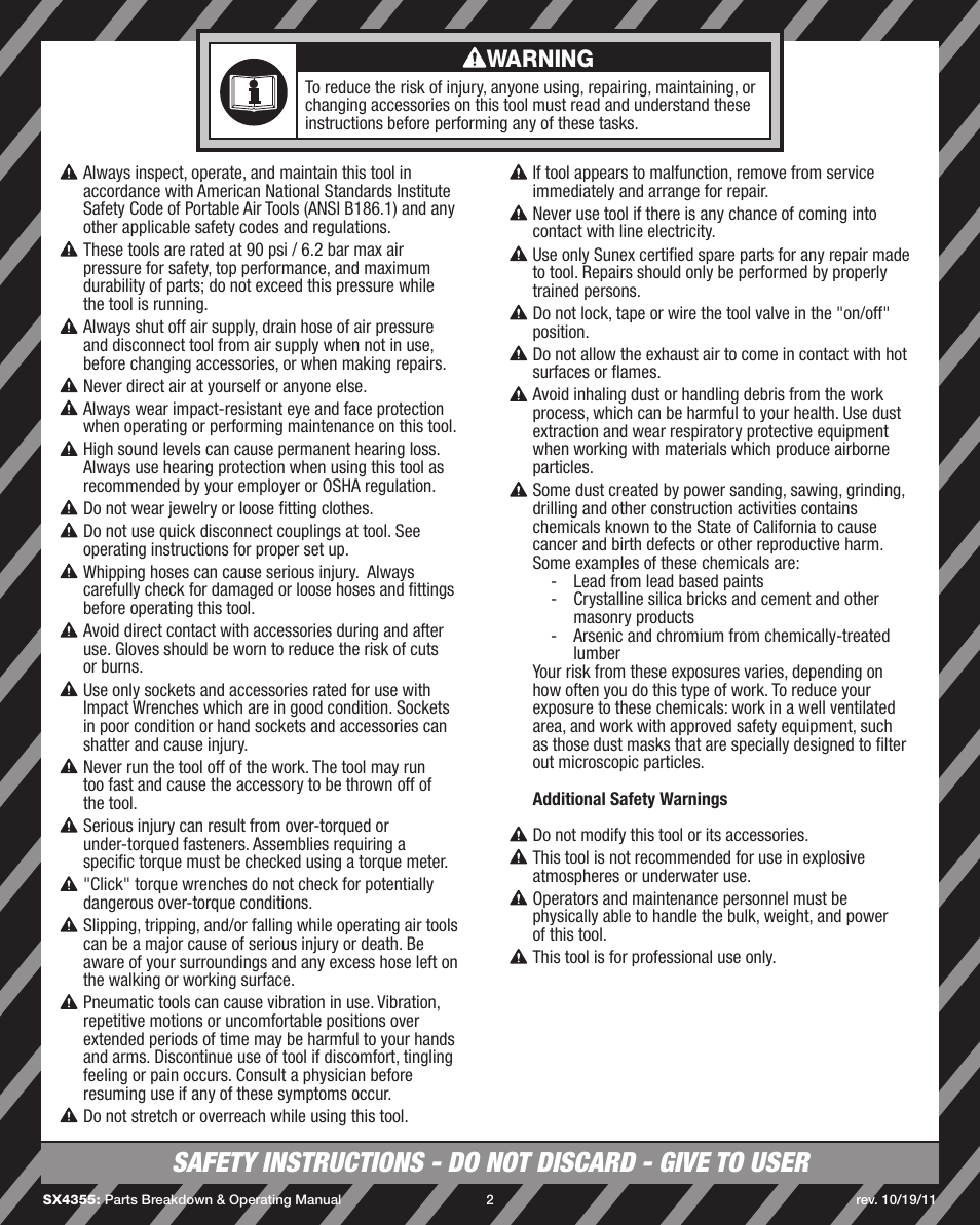 Warning | Sunex Tools SX4355 User Manual | Page 2 / 11