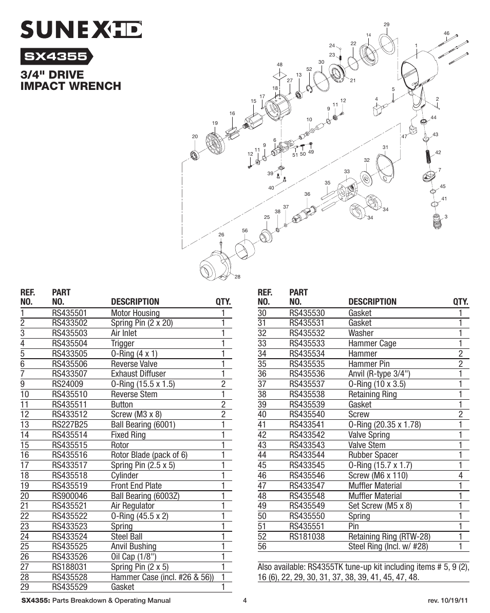 3/4" drive impact wrench, Sx4355 | Sunex Tools SX4355 User Manual | Page 4 / 11