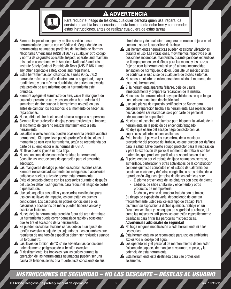 Advertencia | Sunex Tools SX4355 User Manual | Page 6 / 11