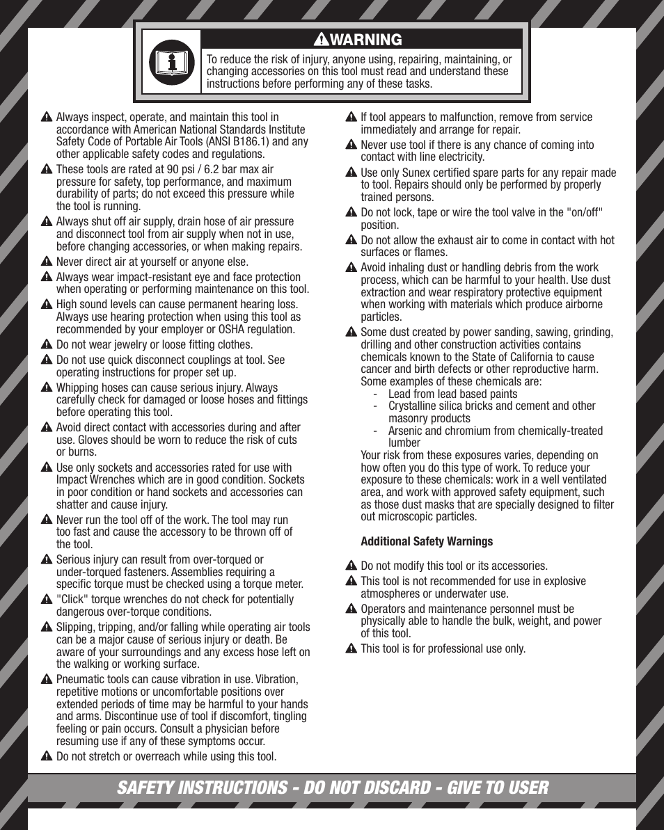 Warning | Sunex Tools SX4345 User Manual | Page 2 / 11