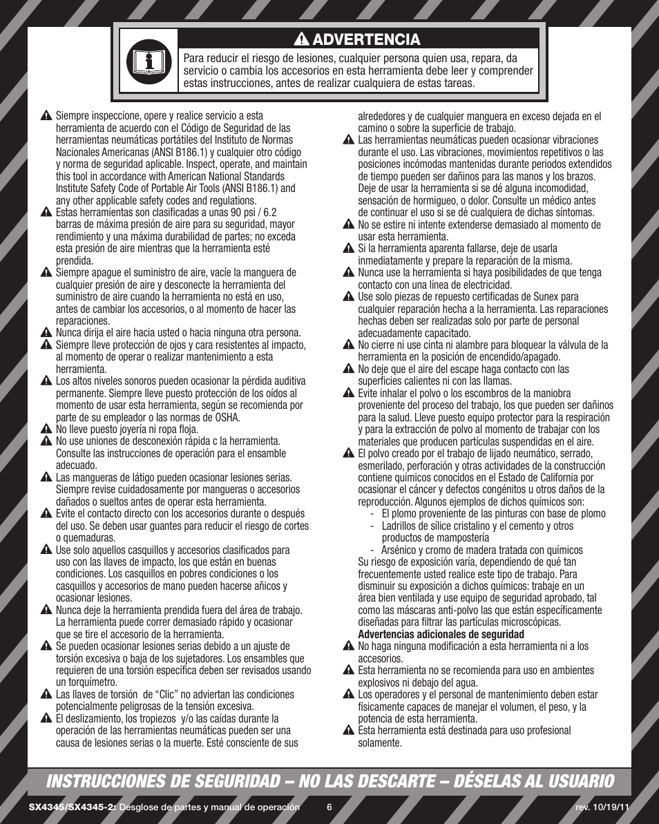 Advertencia | Sunex Tools SX4345 User Manual | Page 6 / 11