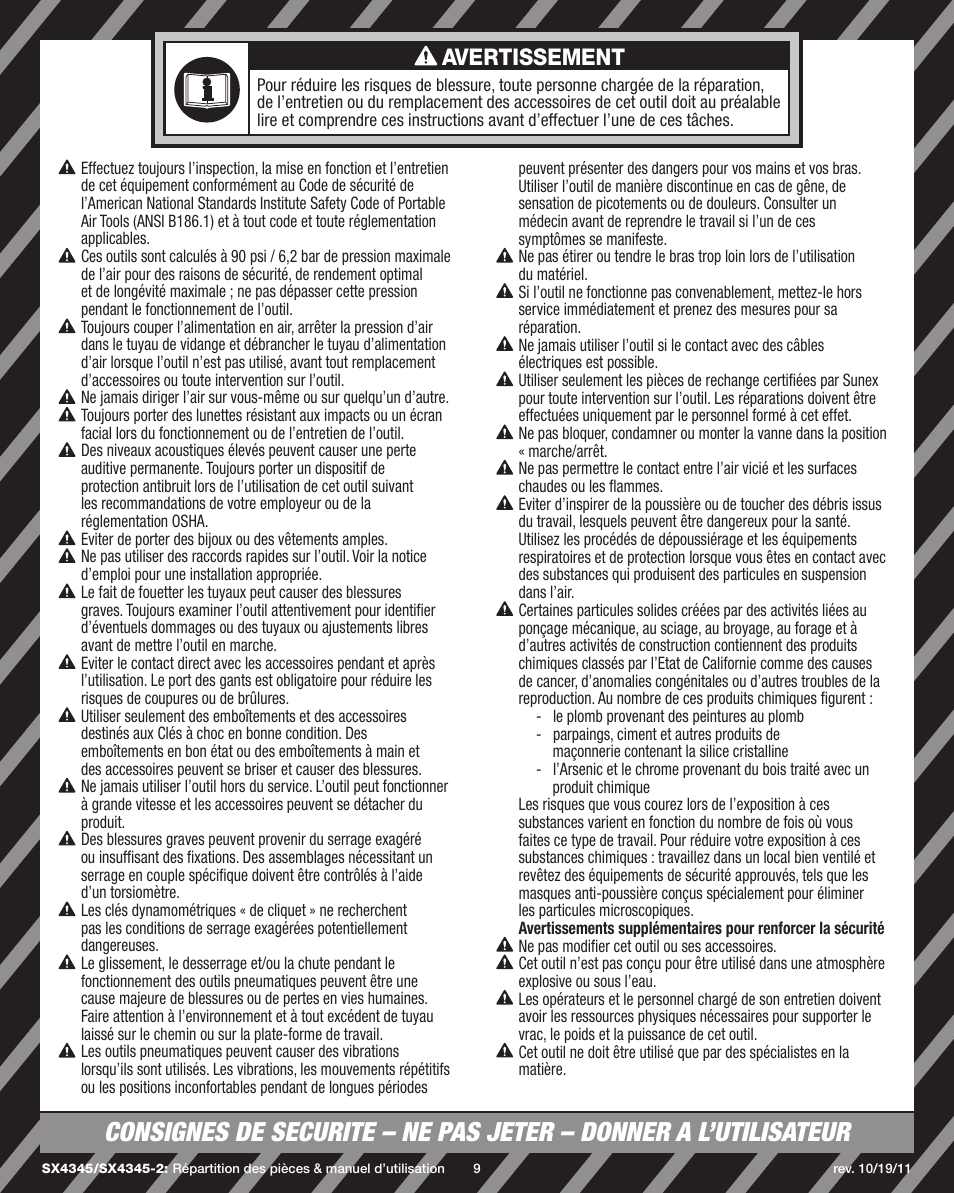 Avertissement | Sunex Tools SX4345 User Manual | Page 9 / 11