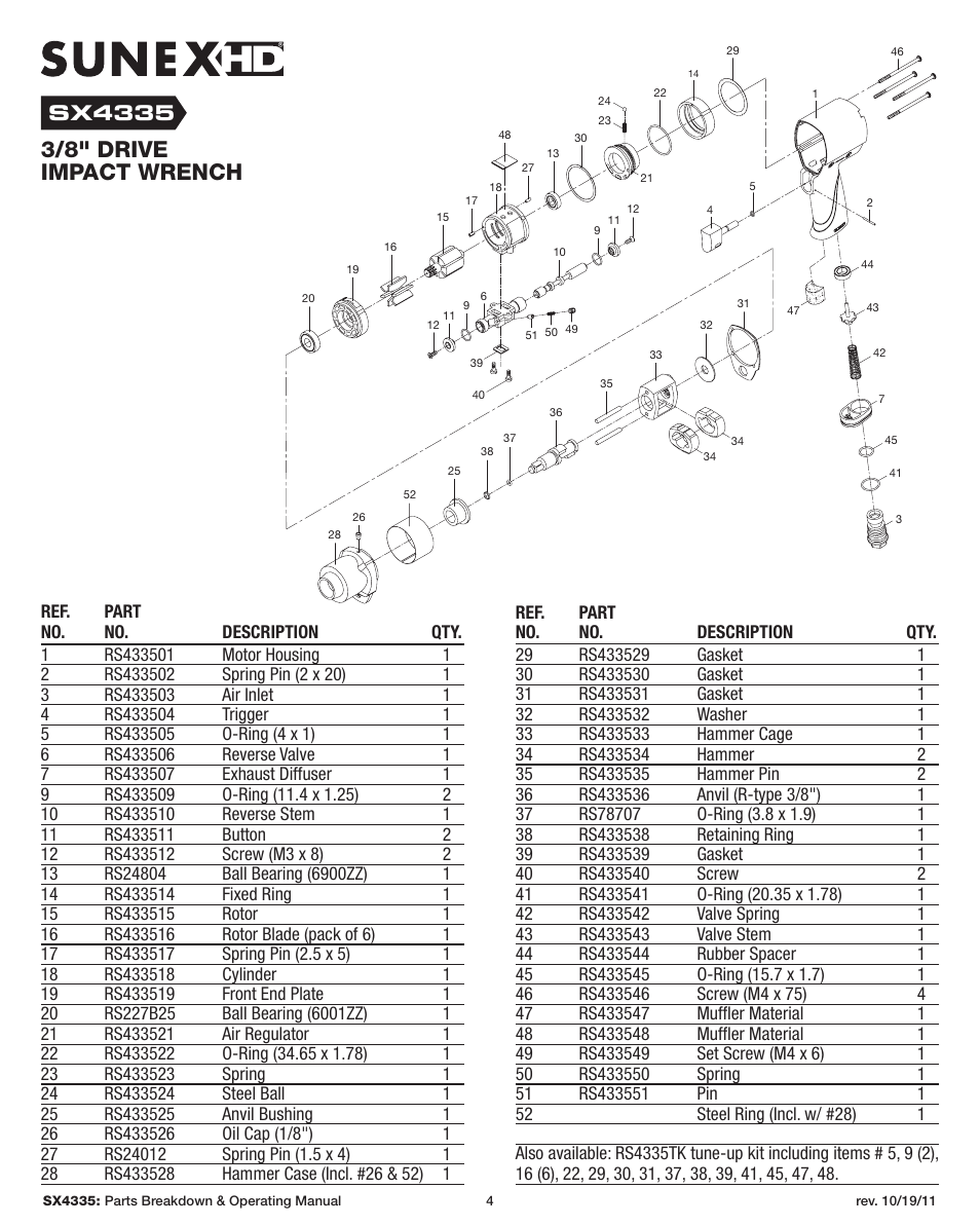 3/8" drive impact wrench, Sx4335 | Sunex Tools SX4335 User Manual | Page 4 / 11