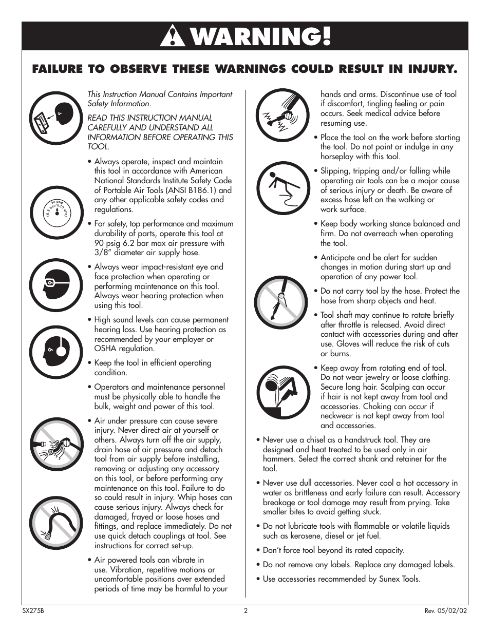 Warning | Sunex Tools SX275B User Manual | Page 2 / 4