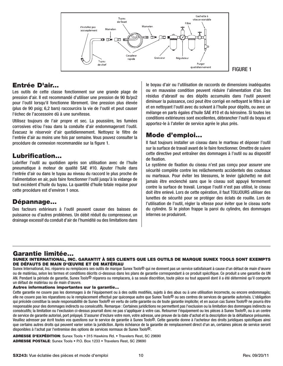 Entrée d'air, Lubrification, Dépannage | Mode d’emploi, Garantie limitée | Sunex Tools SX243 User Manual | Page 10 / 10