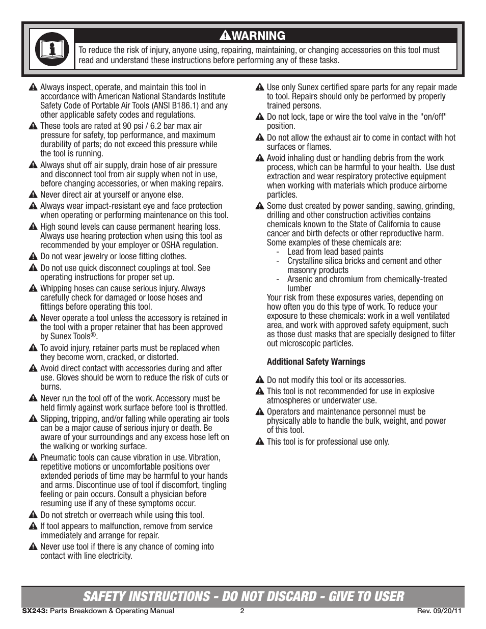 Warning | Sunex Tools SX243 User Manual | Page 2 / 10