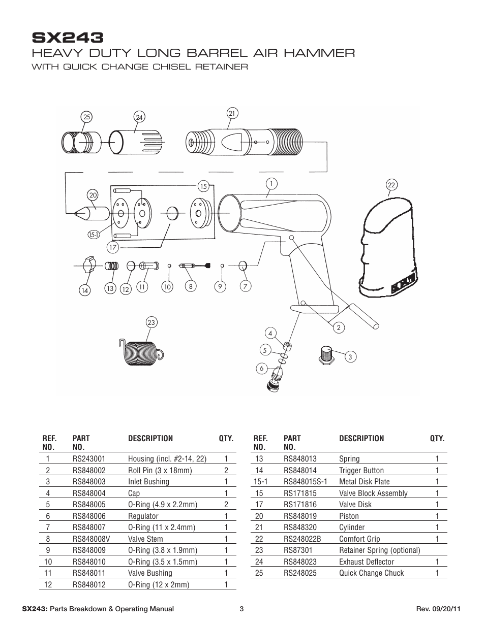 Sx243, Heavy duty long barrel air hammer | Sunex Tools SX243 User Manual | Page 3 / 10